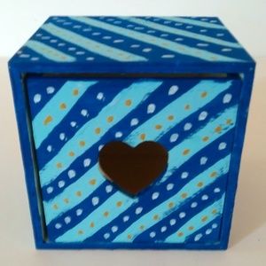 Hand Painted  Blue Striped Trinket Wooden Box